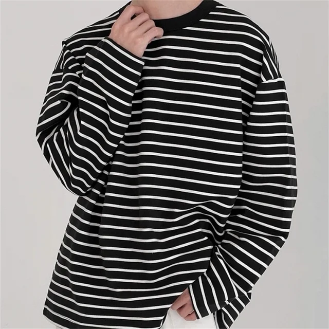 Fashion classic striped long sleeved youth men's T-shirt loose artistic base top spring and autumn casual sports style men's top 2