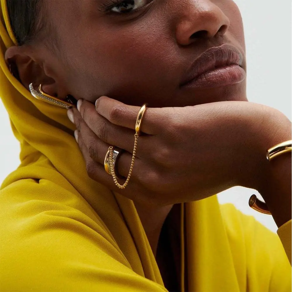 Chic Punk Chain Ring Zircon 18K Gold Silver Tassel Metal Rings Elegant Hip Hop Jewelry for Women