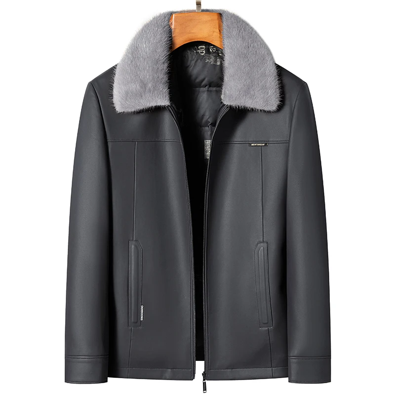 Men's Winter Removable Ferret Down Collar Sheepskin Down Jacket White Duck Leather Jacket Thick YN-2286