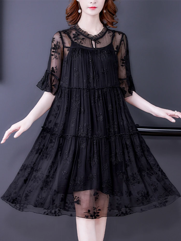 

Women Summer Elegant Embroidery Dress High Quality Wedding Party Robe Vintage Runway Designer Dresses