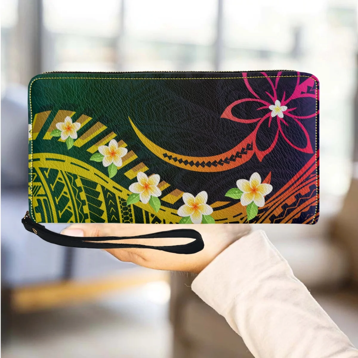 

Women Wristband Wallet Polynesian Hibiscus Flower Print Fashion Party Coin Purse Phone Holder Card Holder Handle Leather Clutch