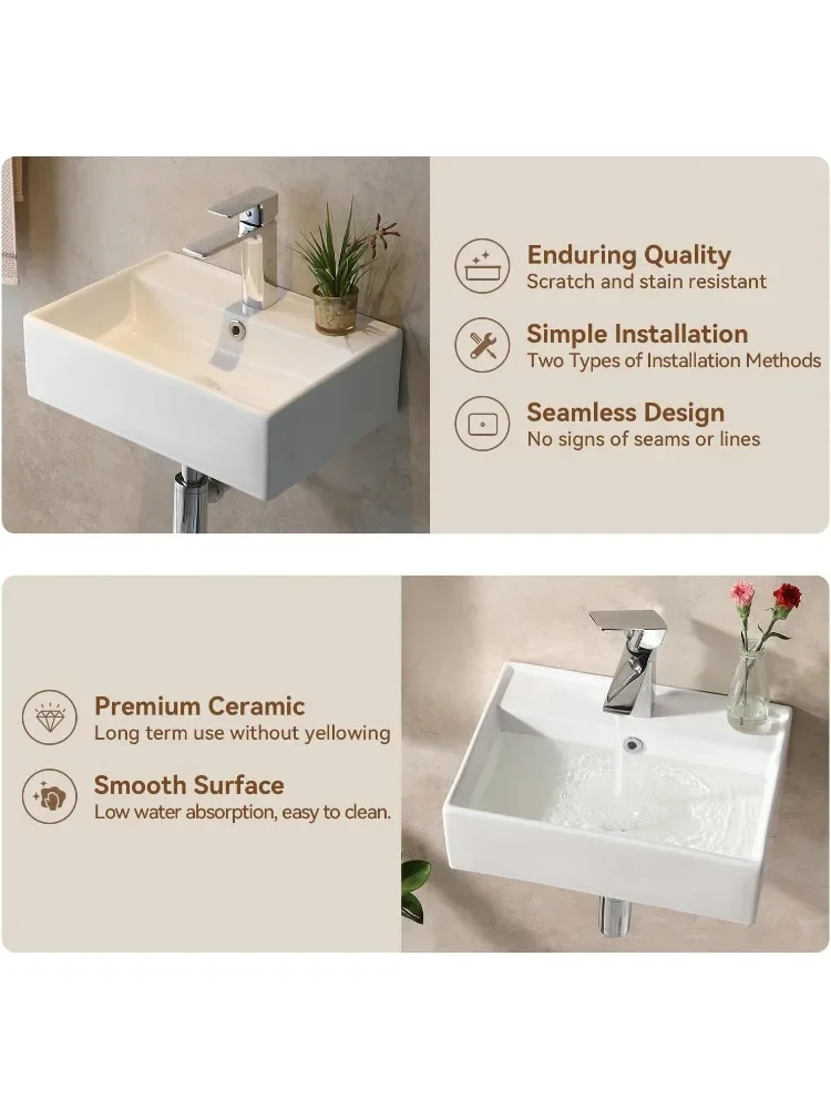 Wall Mount Bathroom Sink 17.7"x 12.2" Floating Vessel Sink Vanity Elegant White Ceramic Porcelain Modern White Rectangle Home 2