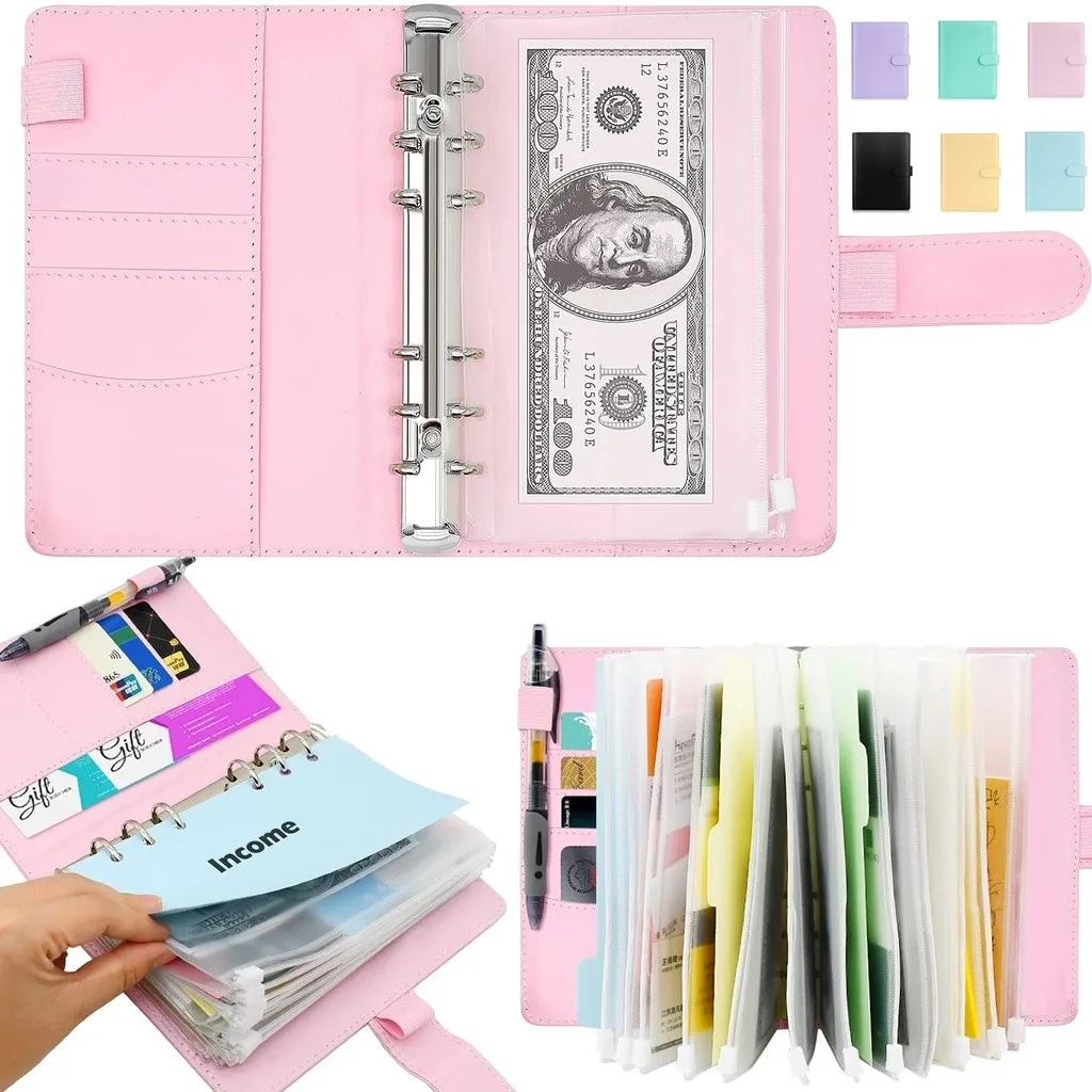 

2023 PU Budgets Binder Planner Sticker Pockets Macaron Cash Envelopes System Set Notebook for Money Budget Saving Bill Organizer