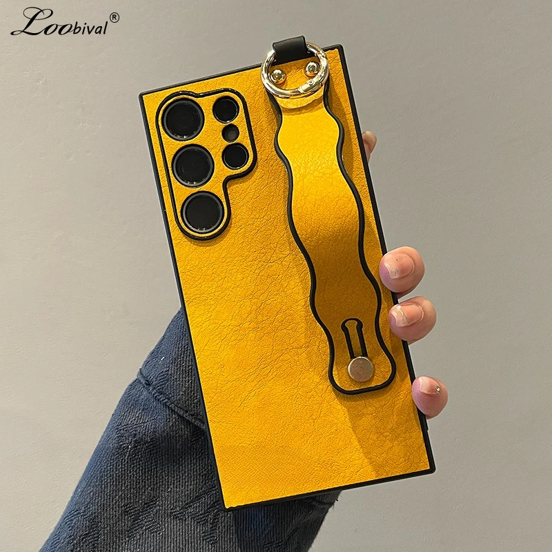 Luxury Leather Wristband Phone Case with Hand Strap and Stand – Pure Color Wave Design