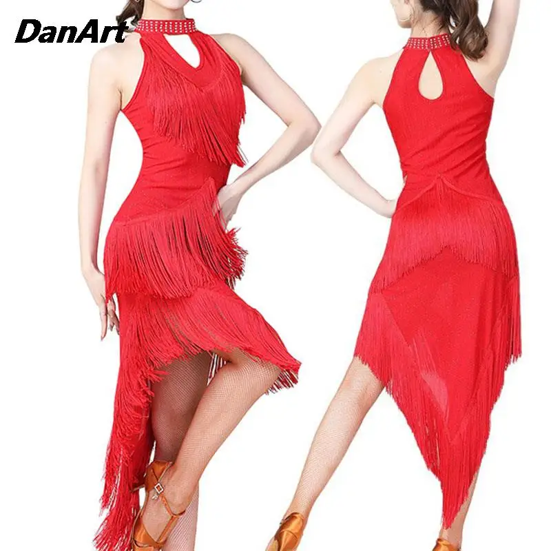 Latin Dance Competition Dress Sequins Irregular Tassel Dress Sexy Stage Performance Dress Dance Training Skirt Goddess Clothes