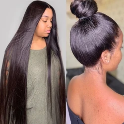 Peluca de cabello humano liso para mujeres negras, postizo de encaje Frontal de 30 pulgadas, 13x4, 360, 4x4, predesplumada