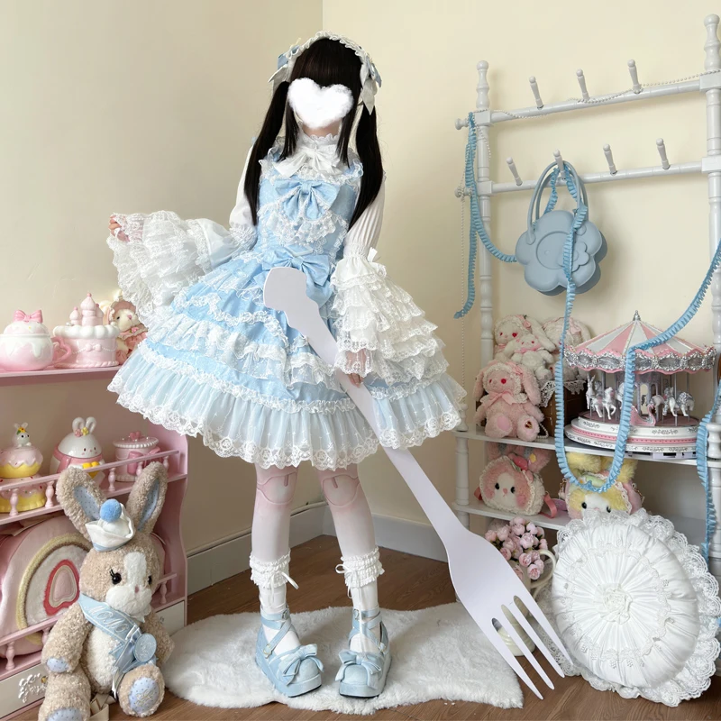 ピュアガールリボンロリータスカート+インナー+ベスト+ヘアバンド+スリーブ