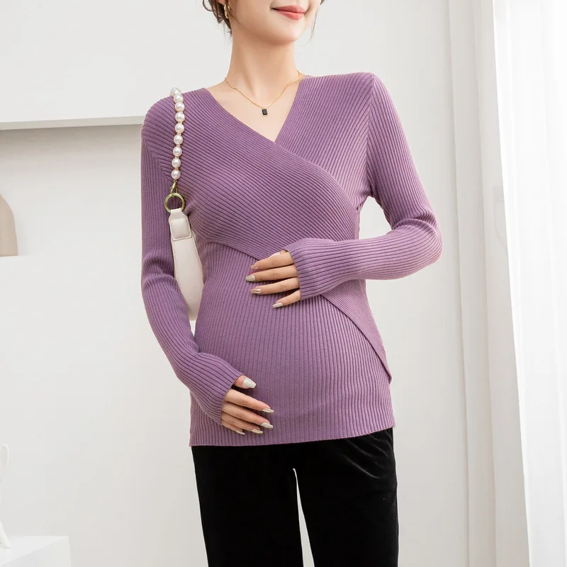 Spring Autumn Cross Design Maternity Breastfeeding Clothing Knit Long Sleeve Pregnancy Nursing Sweater Casual Pregnant Women Top lace maternity clothes nursing blouse shirt spring autumn casual pregnant women breastfeeding blouse shirt pregnancy clothing