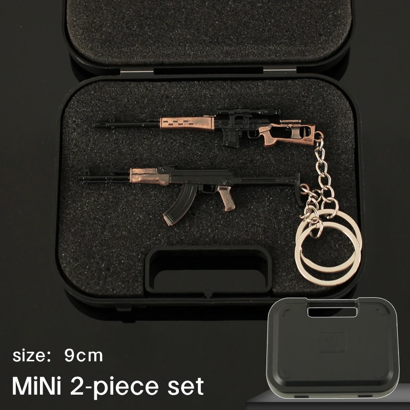 Gift Box Two Piece Set Metal Gun Keychain PUBG AK 47 Glock Mini RPK Grenade Launcher AWM AKM Weapon Model Pistol Pendant Toy 5