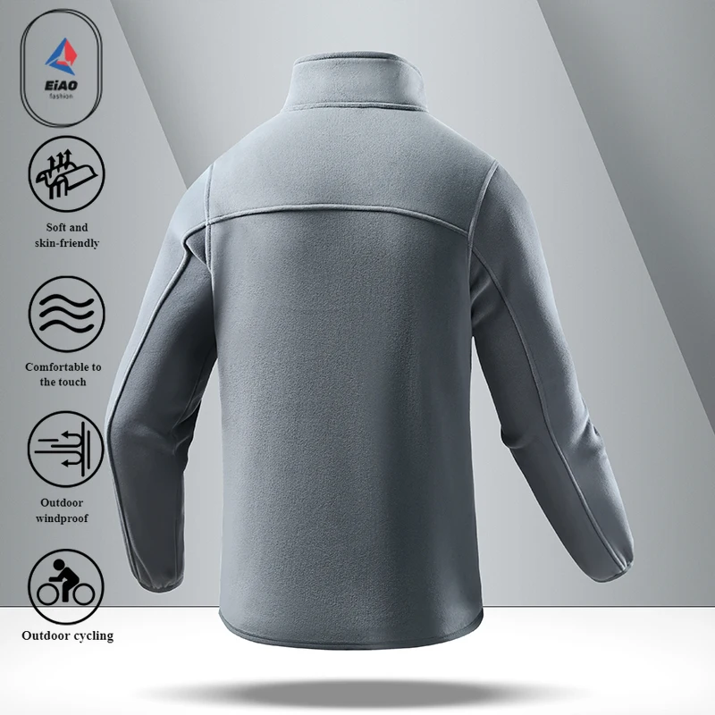 EIAO 2025 Mens Fleece Lined Stand Collar Jacket Thickened Warm Zip Hoodie Plush Velvet Coat Casual Streetwear Outdoor Tech