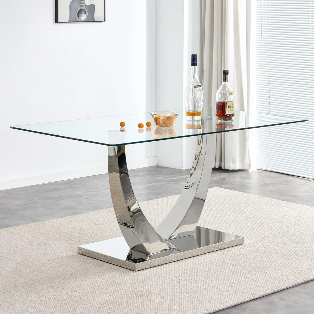 63” Glass Dining Table Set for 6,Modern Dining Room Table Set for 6,Kitchen Table and PU Leather Chairs for 6, Glass Top 3