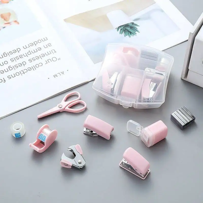 Mini Stapler Staple Punch Hole Tape Machine Set Ins Korean Multifunction Scrapbook Tool Box Back To School Student Supplies mini stapler set
