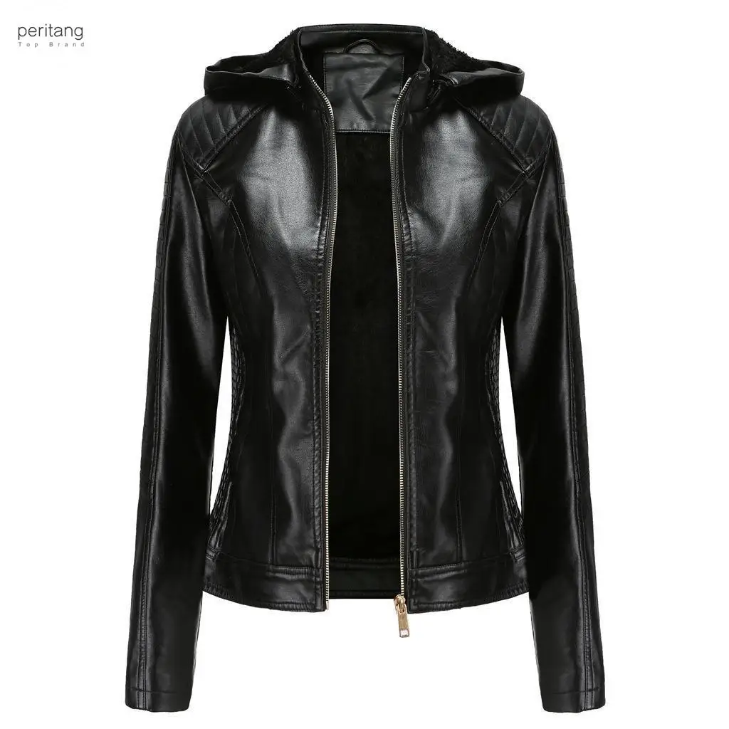 

2024 New Winter Warm Women Short Coat Leather Biker Jacket Parka Zipper Tops Overcoat Outwear Hooded