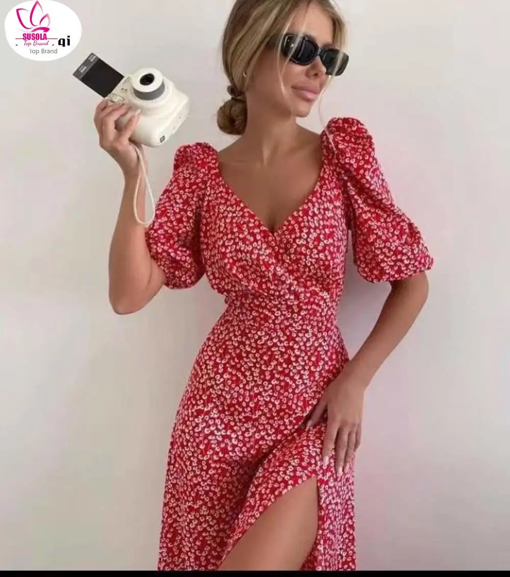 

SUSOLA Spring/Summer Best-Selling European And American Fashion Print Asymmetric Slit Bubble Sleeve Waist-Defining V-Neck Dress