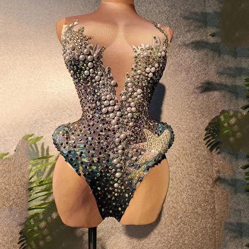 

Sexy Rhinestones Bodysuit Nightclub Bar Dj Pearl Flash Diamond One-Pieces Women Gogo Dancers Stage Drag Queen Costumes DN14369
