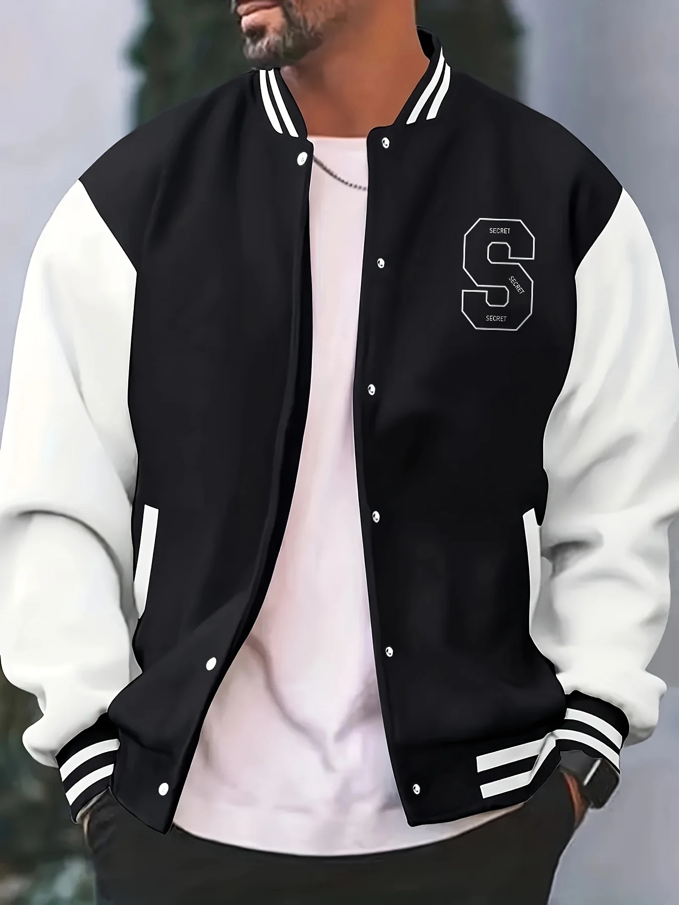 Męska kurtka baseballowa w stylu casual z nadrukiem liter, luźny krój, dekoracja literami, idealna na jesień i zimę.