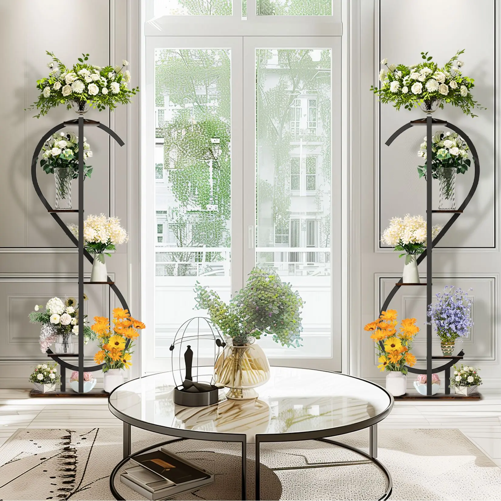 5-Tier S-Shaped Indoor Plant Stand with Hanging Hooks Gardening Tools Aesthetic Corner Plant Shelf for Tall Plants Multipurpos