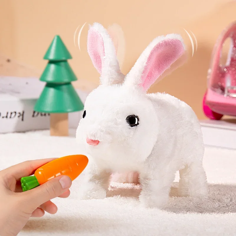 Children electric simulation bunny plush toy girl pet Cute white rabbit doll With Sound Animal DIY Change Clothes Game for kids 2