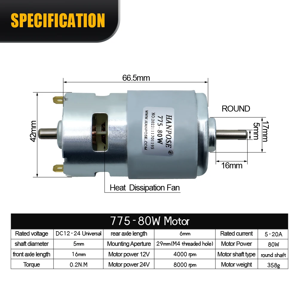 Brushed DC Motor 775/795/895 80-360W Double Ball Bearing 4000-12000RPM DC12-24 Universal 0.2-0.98N.m | brushed motor