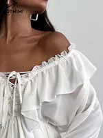 Oymimi Elegant White Ruffled Dresses 2025 Woman Fashion V-Neck Lace-Up Long Sleeve Dresses Casual High Waist Floor-Length Dress - Image 4