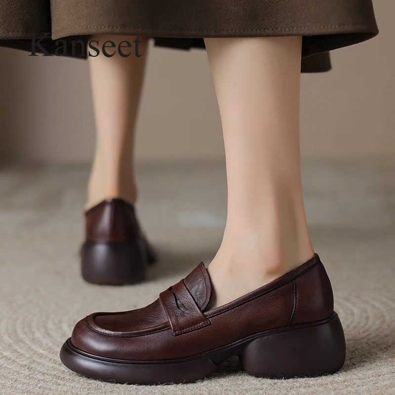 

Kanseet Concise Women Shoes New Autumn Round Toe High Quality Genuine Leather Casual Brown Handmade Daily Mid Heel Lady Footwear