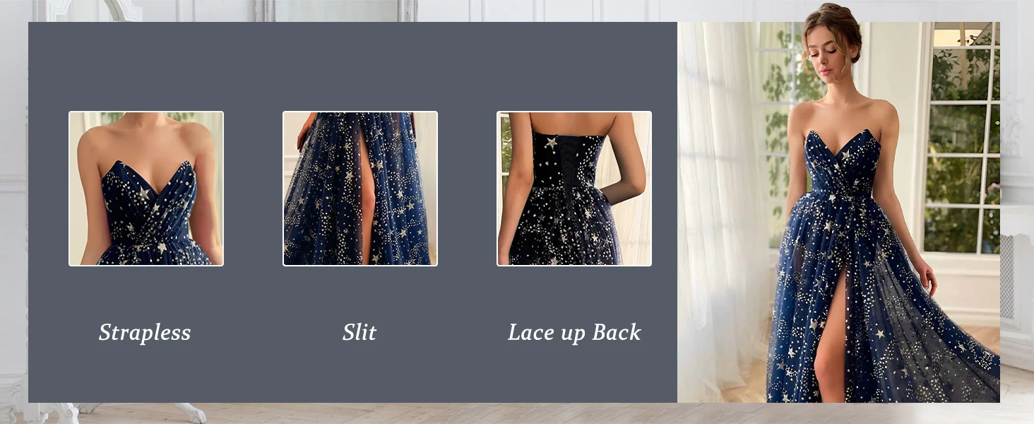 Smileven - Vestidos de fiesta de tul con estrellas brillantes para mujer, sin tirantes, con abertura, formales, para noche