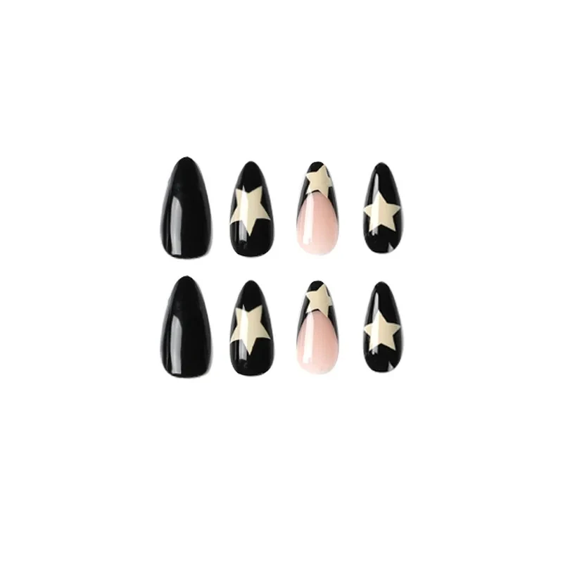 Long French Black Edge Star Nails 24 PCs with 1 Jelly Gel and 1 Nail File