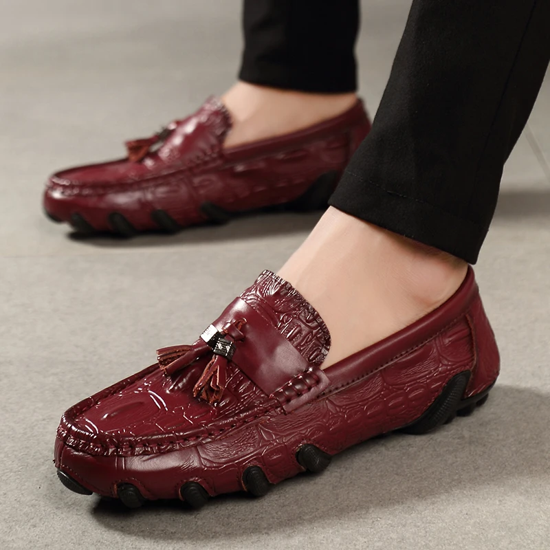 Men Genuine Leather Business Shoes Crocodile Pattern Loafers Moccasins Driving Flats Slip-On Casual