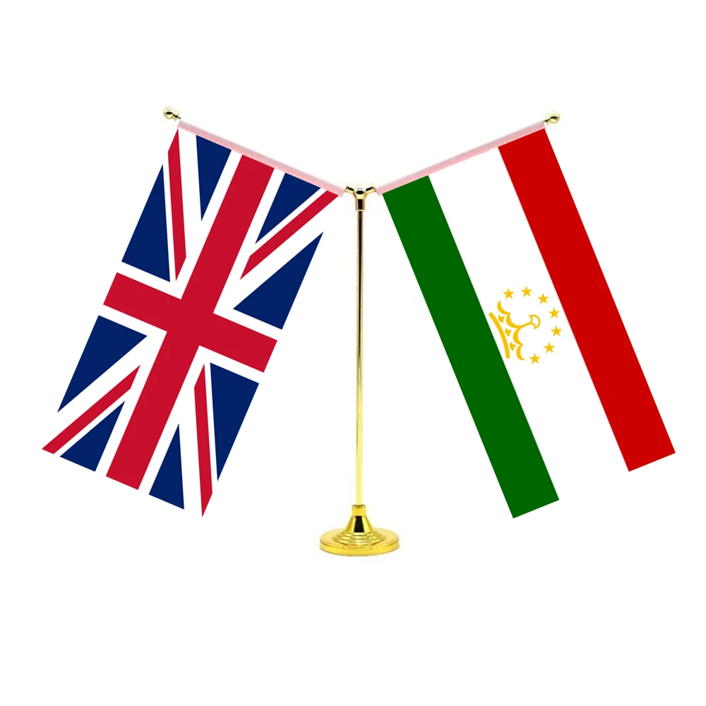 

14x28cm Mini Tajikistan Flag Desktop Standing Friendship Set With Two Flags Of Britain UK United Kingdom And Tajikistan