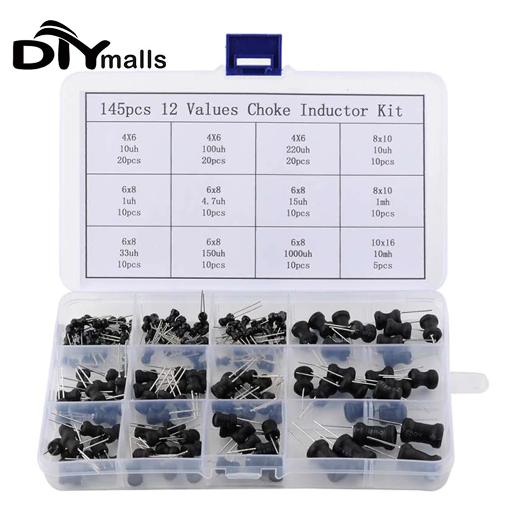 145pcs Choke Inductor Assorted Kit 12Values 10uH-10mH 10pcs 6*8mm 20pcs 4*6mm Choke Inductors