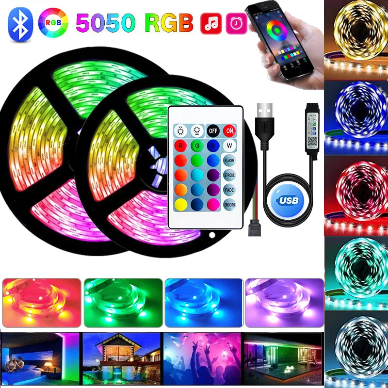 

RGB Led Strip Lights 5050SMD Luces Luminous USB Bluetooth Control 5V Ribbon Led Tape 5M Neon Lights for Bedroom Decoration