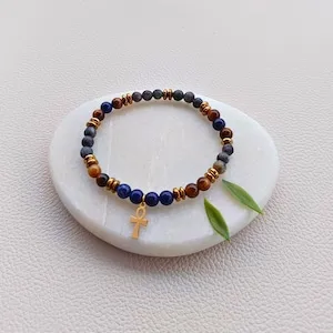 Egyptian cross pendant, lapis lazuli and tiger's eye gemstone beaded bracelet - Image 6
