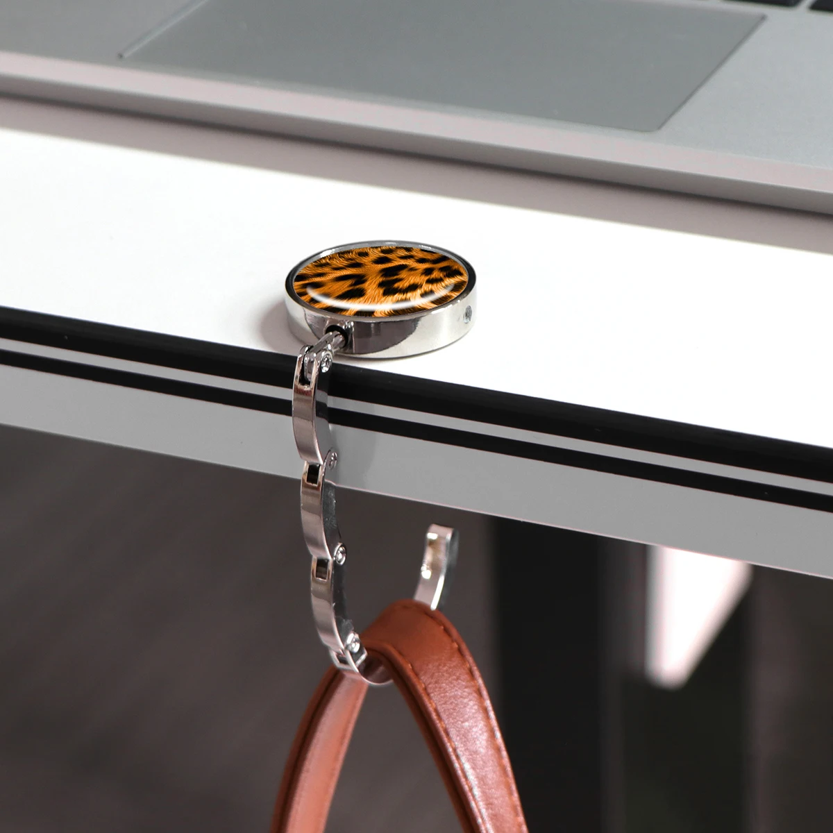 Leopard Print Portable Folding Handbag Hook with Cartoon Cat Design