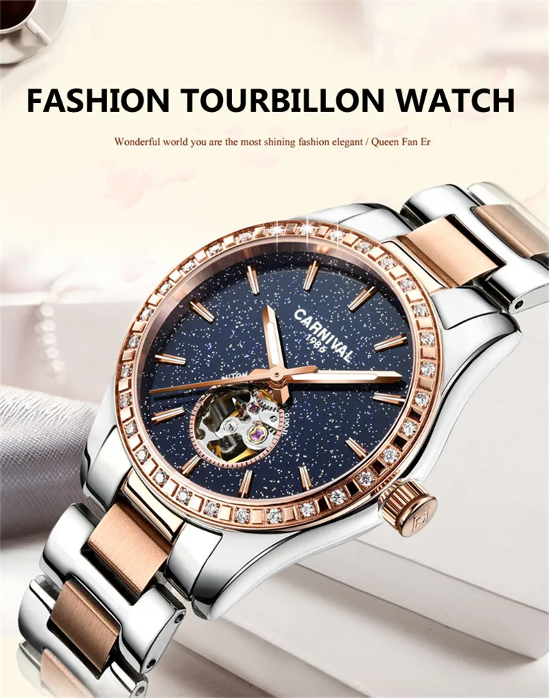 CARNIVAL Luxus Automatische Mechanische Frauen Uhren Mode Diamant Damen Starry Sky Uhr Wasserdichte Weibliche Uhr Für Geschenk_voghion.com