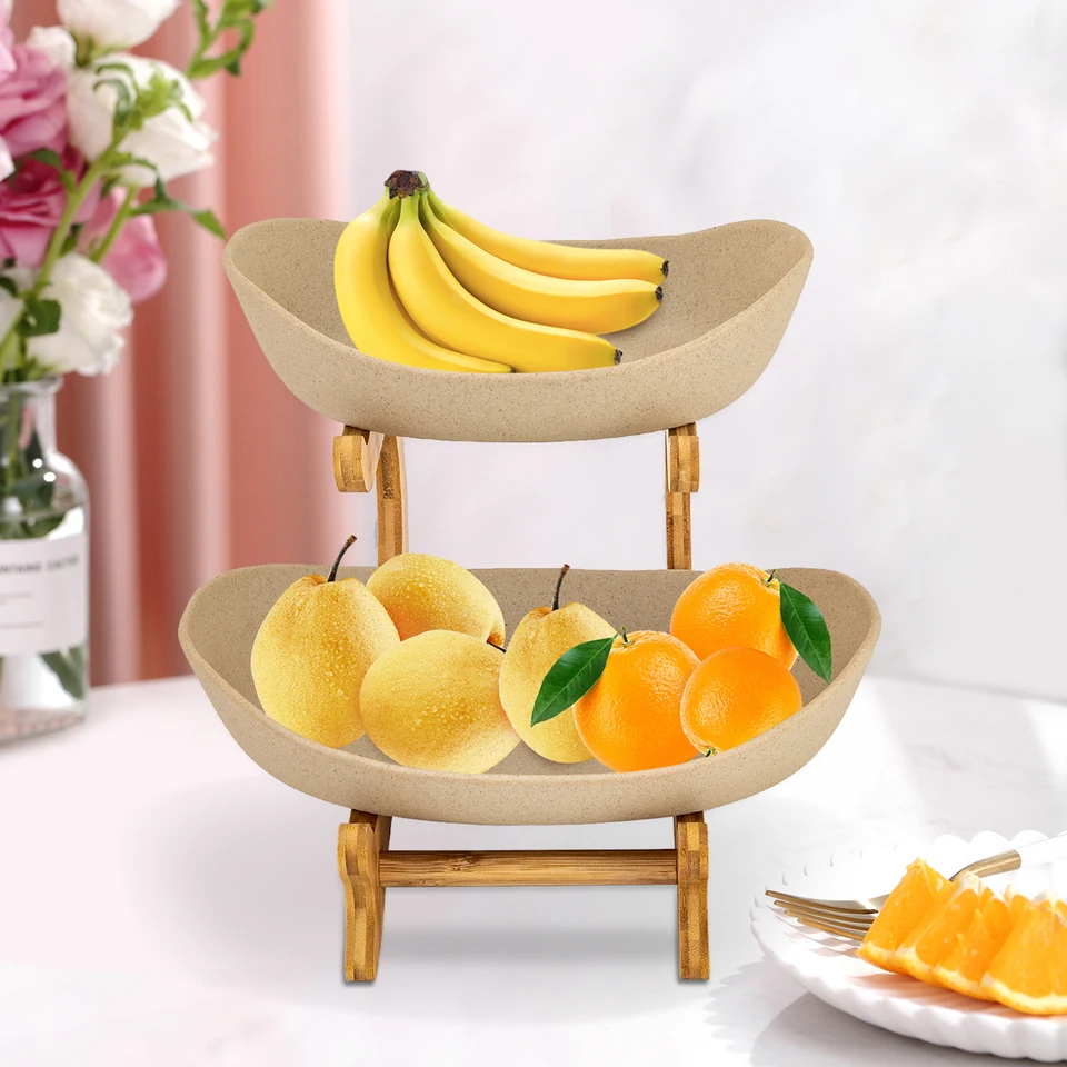 Two Tier Bamboo Pottery Serving Bowl Stand