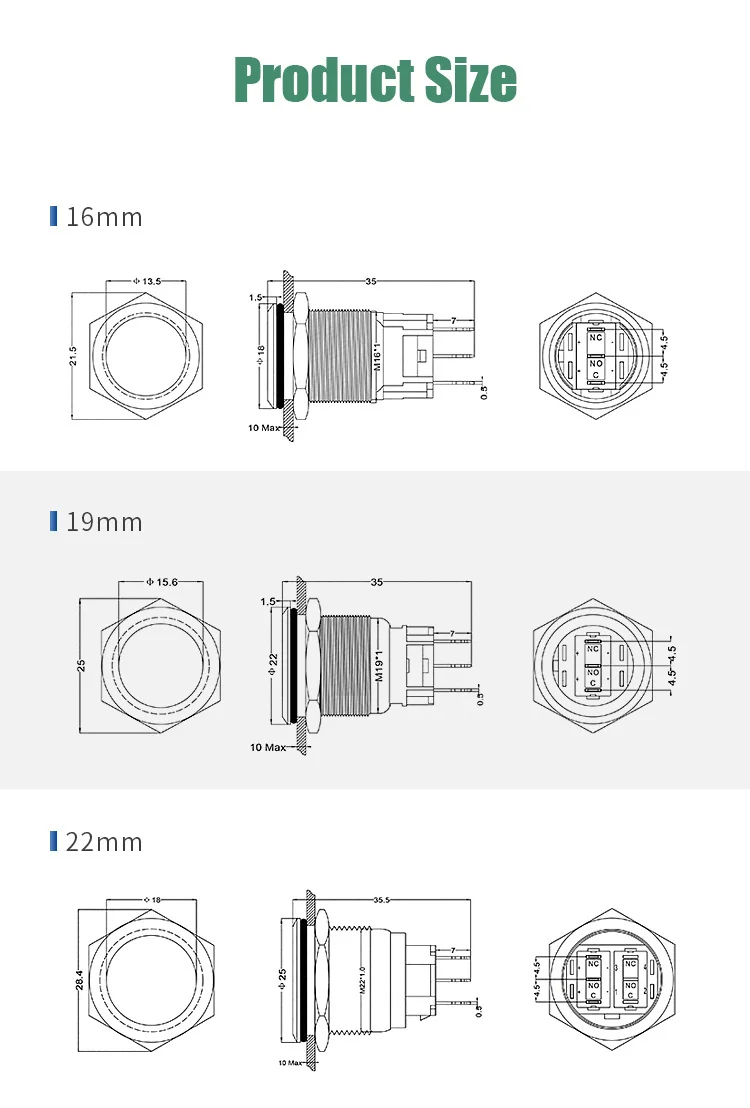 Description Picture 4 of item16/19/22mm Customize Two/Three Color Metal Push Button Switch Waterproof Flat DIY Luminous Power Supply LED Light Fix Reset