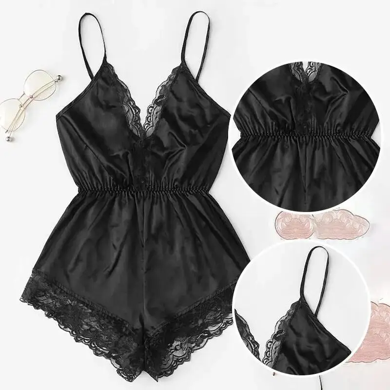 Women Bodysuit Sleep Wear Set Women Lace Pajamas Summer Women Lace Splice Trim Backless Bow Shorts V-Neck Bodysuit Sleep Wear Set