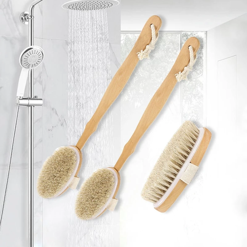 Natural Bristles Back Scrubber Shower Brush With Detachable Long Wooden Handle D Dropship