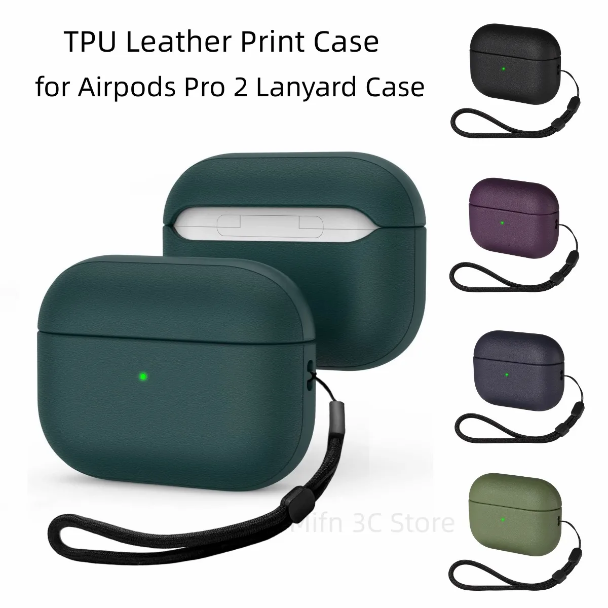 Coque TPU Imitation Cuir Pour AirPods Pro 3 (2025) – Vert Foncé – LED Visible – Lanière Amovible – Antichoc