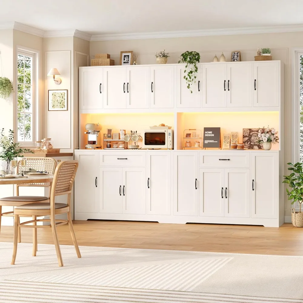 70" LED Kitchen Pantry Cabinet with Charging Station, 47" Wide Pantry Storage Cabinet with Large Microwave Stand, Customized 5