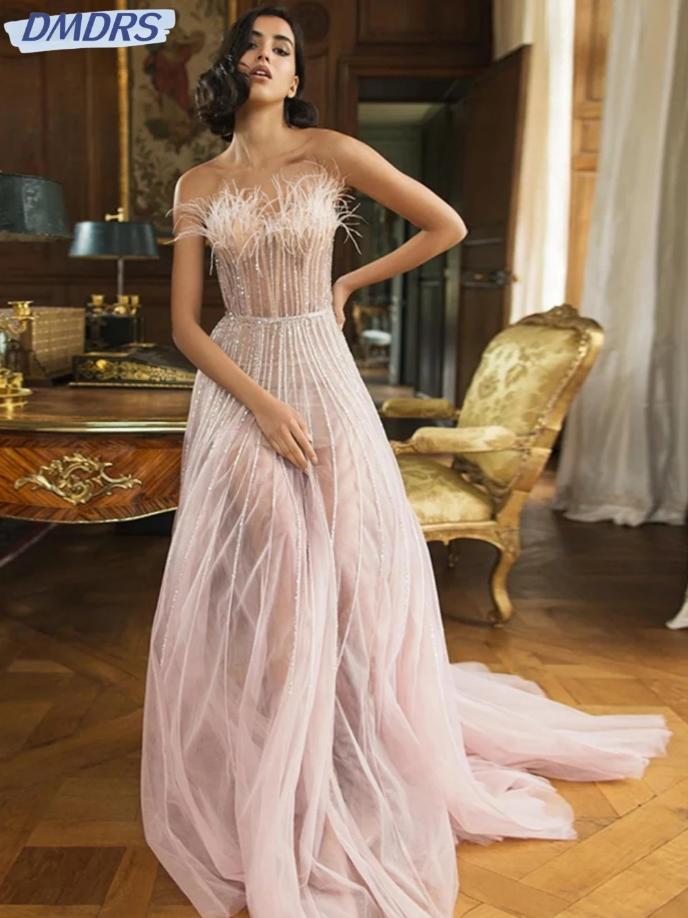 Sexy Prom Irregular Mesh Feather Hemline Sloping Shoulder Evening Dresses main image 1