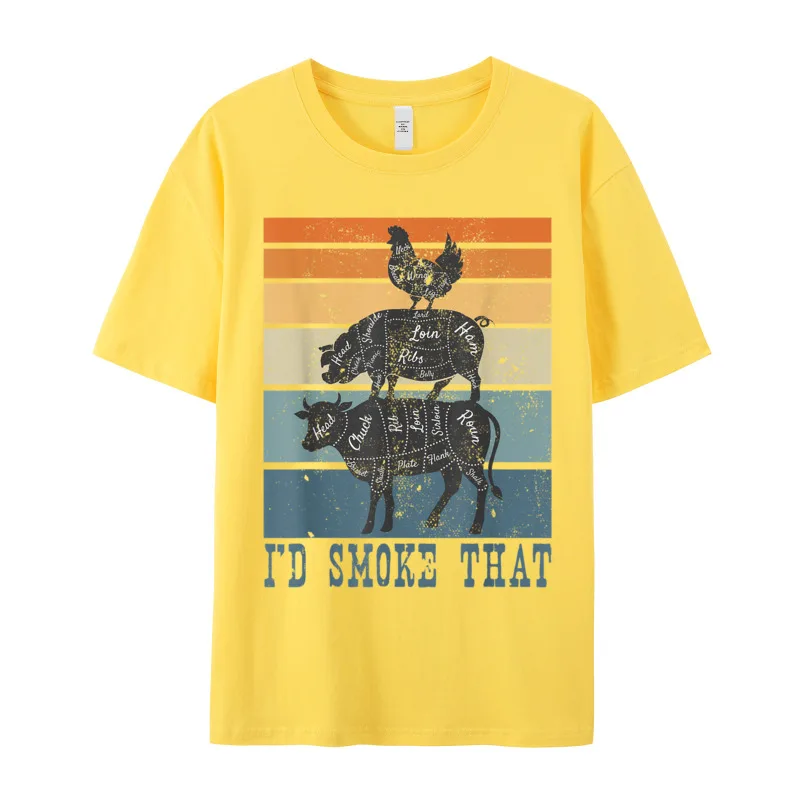 Cute Mens T-Shirt Funny Gifts for Meat Eater Street Tops & Tees All Cotton Short Sleeve Lose Tee-Shirt Round Neck Funny Gifts for Meat Eater Cow Smoker Vintage I Smoke Meats T-Shirt__18271 yellow