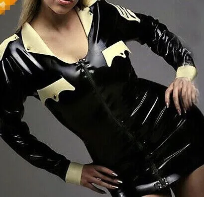 

Latex Long Slevees Dress White and Black With Collar Tight Skirts Size XXS-XXL