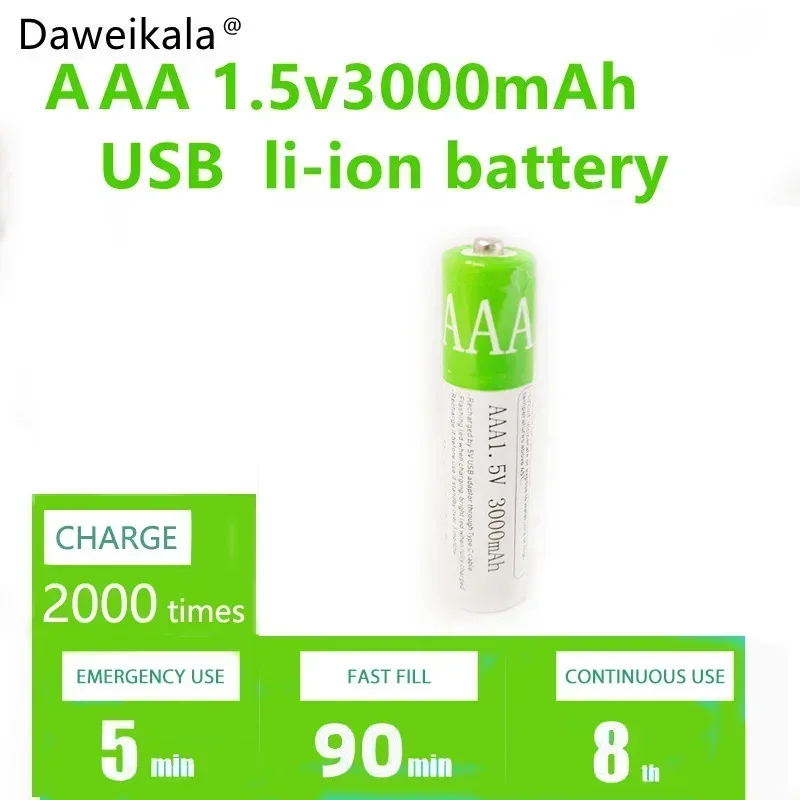 USB AAA Rechargeable Batteries 1.5V 3000 mAh li-ion battery for remote control mouse Electric toy battery + Type-C Cable rechargeable battery