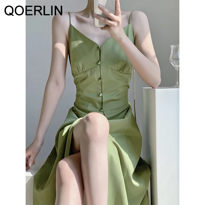 

QOERLIN Matcha Green Spaghetti Strap Dress Women Summer Sleeveless Vest Dress V Neck Slim Single-Breasted Split Sexy Dress Maxi