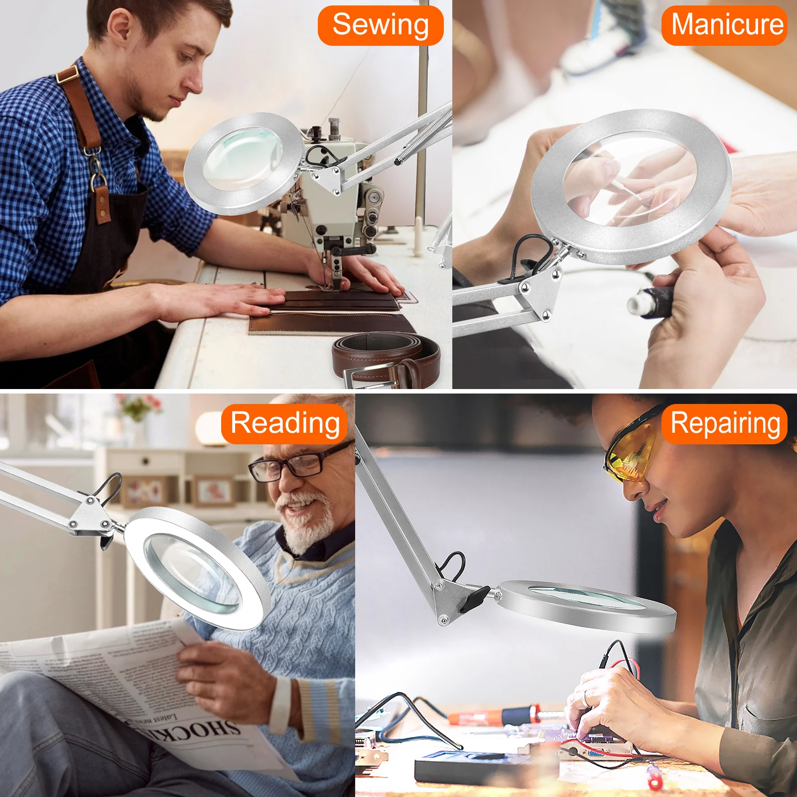 5X LED Magnifier Lamp Folding Swinging Arm USB Illuminated Magnifying Glass for Welding Reading Close Work Desk Lamp images - 6