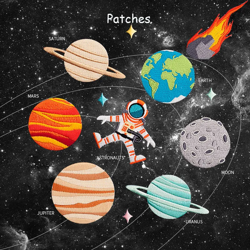 우주 행성 시리즈 우주 비행사 지구 자수 천 패치 자체 접착 아플리케 DIY 휴..