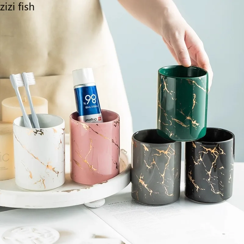 Minimalist Ceramic Mouthwash Circular Toothbrush Toothpaste Cup Creative Couple Cups Household Bathroom Accessories_voghion.com