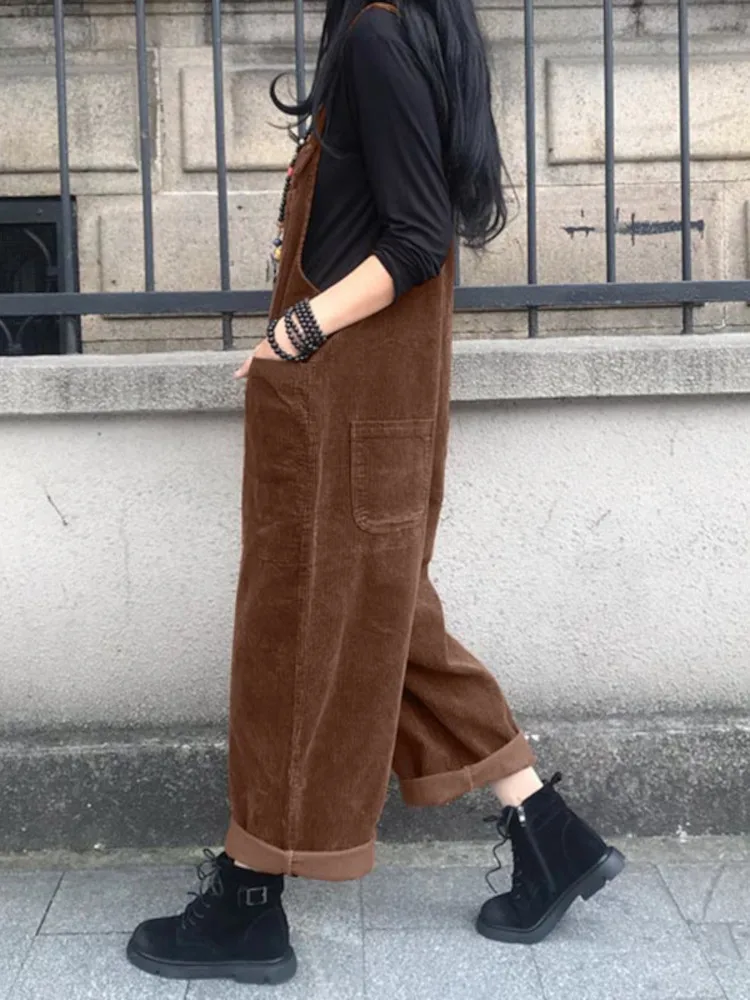 ZANZEA Women Rompers Solid Wide Leg Playsuit Autumn Casual Straps Suspender Overalls Vintage Corduroy Jumpsuits Overszie 2023