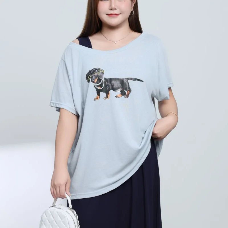 Necklace Dachshund Printed Loose Oblique Shoulder T-shirt Plus Size Women Premium Casual Short Sleeved Top 9176